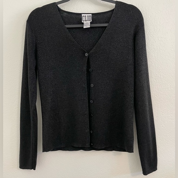 CLIO Vintage 90’s Black Silk/Cotton/Metallic Black Button Up Cardigan, LG - Picture 2 of 4